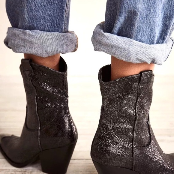 Free People Brayden Western Boot Metallic Black Leather Pewter Etched Tip Zip - Picture 10 of 10